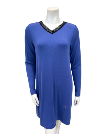 NGHTSHRT-RB-PER Perriblue Ribbed V Neck Lace Long Sleeves Modal Nightshirt